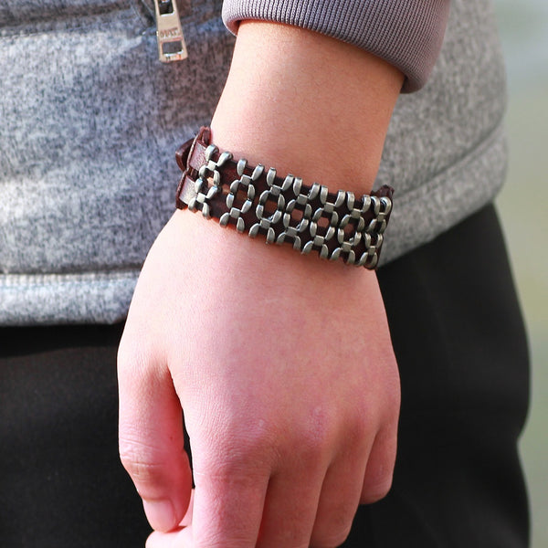Unisex male female leather wristband adjustable metal bracelet strap brown